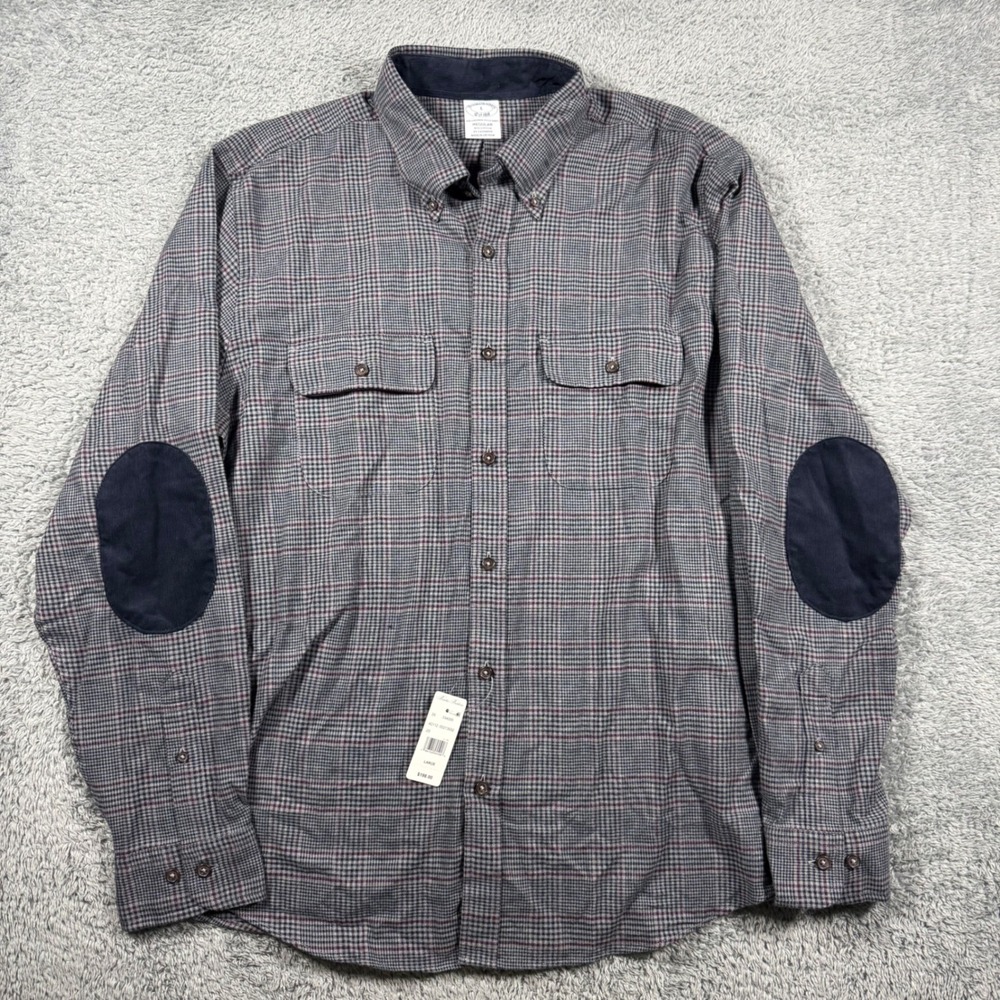 NWT Brooks Brothers Flannel Shirt Men Large Plaid Cashmere Belnd Elbow Patch